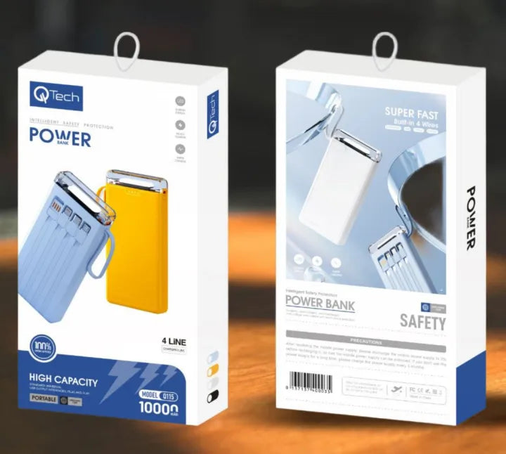 Qtech Q115 Power Bank 10000mah With Torch Light And Attached Cables