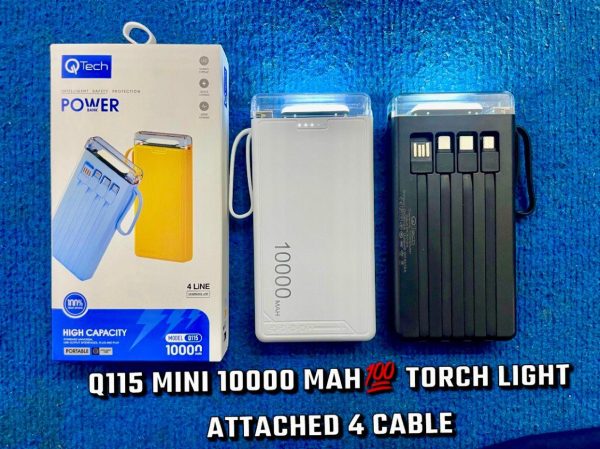 Qtech Q115 Power Bank 10000mah With Torch Light And Attached Cables